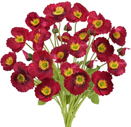 Zythrem 6 Pcs Mohnblumen Künstliche Blumen Rot Kunstblume Mohnblume Artificial Poppy Flower 55cm Langstielige Künstliche Blumen Deko für Balkon Garten Tischdekoration Vase Zuhause Deko
