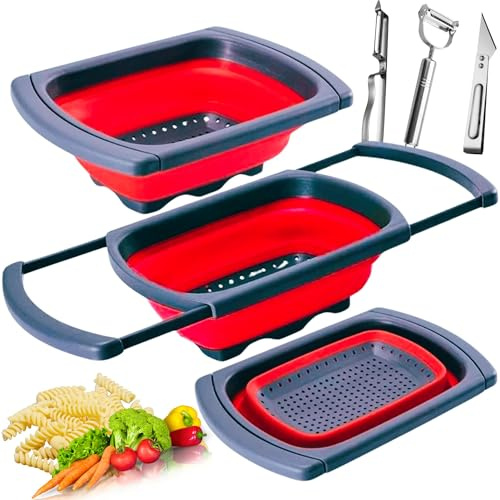Collapsible Silicone Colander – Space-Saving Foldable Strainer for Pasta, Vegetables & Fruits – Large 6 Qt Kitchen Strainer, Heat-Resistant, BPA-Free & Dishwasher Safe |RED