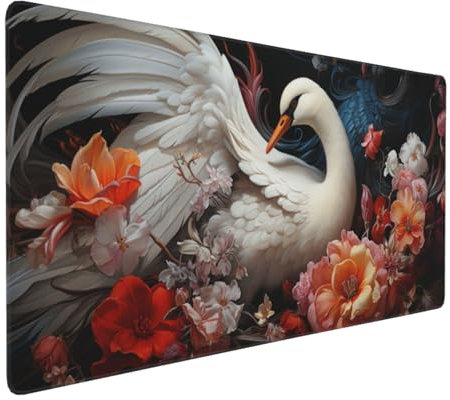 Large Mouse Pad 900x400x4mm Swan Gaming Mouse Mat Flower XL Mousepad Anti-Fray Stitched Edges with Non-Slip Rubber Base,Ergonomic Mouse Pad Extended Desk Mat,for Home Office Accessories PC,Laptop