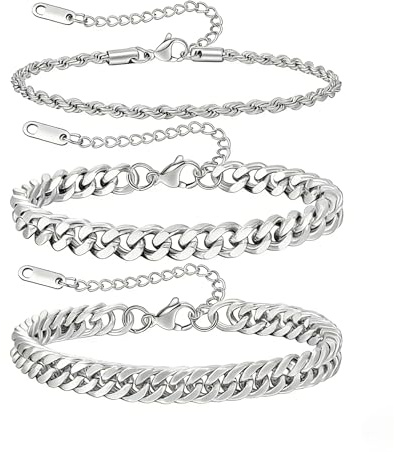 JEMARA Mens Silver Bracelet,Stainless Steel Silver Bracelet for Men Silver Chain Cuban Link Bracelet for Men 3 Pcs Mens Bracelets Set 7+1.2 in