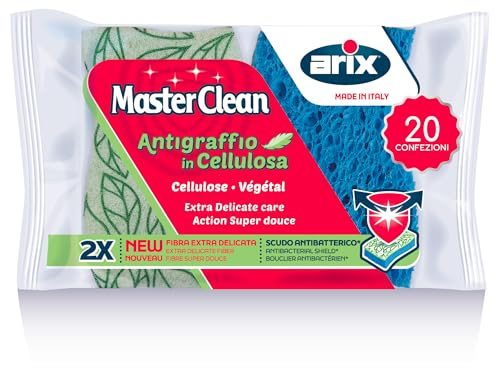 ARIX 40 esponjas antiarañazos de celulosa Extra Suave de la línea Masterclean, Esponja para Limpieza de Placas de Cocina, inducción, Cocina, baño y Superficies delicadas – 20 Paquetes