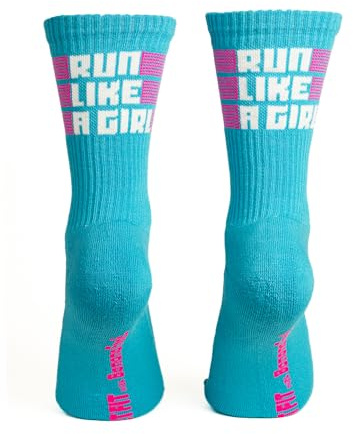 Chaussettes de sport pour femme | Coton brodé avec motifs amusants et originaux | Chaussettes de qualité fabrication locale | Run Like a Girl Blue, 36-40