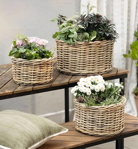 3x Outdoor Pflanzkorb Koboo Grey Ø 26 32 40 cm, Rattan Blumentopf | Pflanzkübel, Pflanztopf geflochten für Draußen, Blumenkübel, Korb