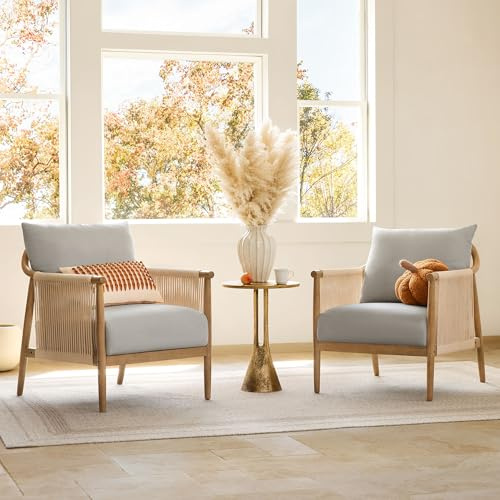 CHITA Braid Accent Chair Set of 2, Modern Armchair with Solid Wooden Armrest for Living Room and Bedroom, Boho Reading Chair, Light Grey