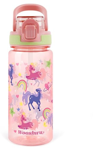 wooshwa Kids Water Bottle with Straw, 600ml/20 Oz Plastic Water Bottle | Silicone Spout, Pop-Up Cover for School, for Boys Girls, Dishwasher Safe (Unicorn)