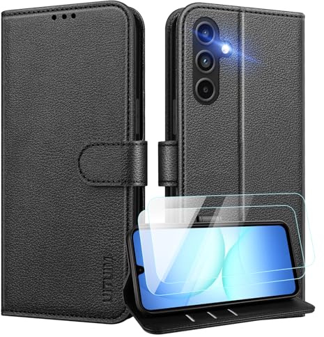 UITUIM Phone Case for Samsung Galaxy A17 5G/4G Flip Cover Leather,Black | with 2 Tempered Glass Screen Protector RFID Blocking Wallet Card Holder Slot Kickstand Shockproof Magnetic Full Protection