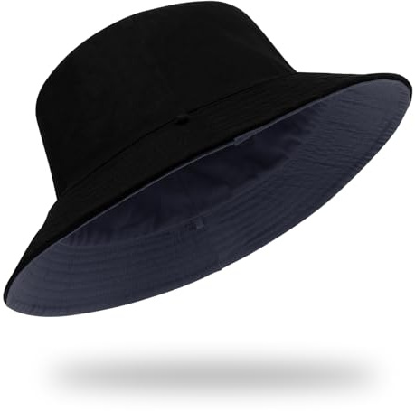 XX-Stor vändbar hinkhatt - Unisex UV-skydd, packbar, moderiktigt tryck för sommarens utomhusfiske, strandvandring (svart och blå)