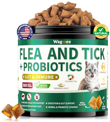 Flea Support for Cats Chews, 500 Crunchy & Krill Flea Chews, Cat Flea Chewables with Probiotics - Skin & Coat Support - Fleas Supplement for Cats Kittens All Breeds & Ages - Natural Chicken Flavor