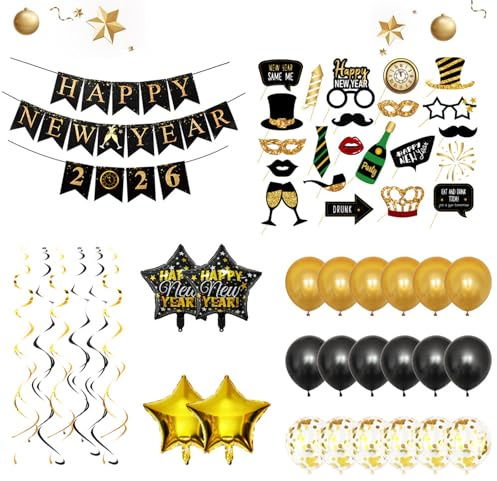 Silvester Deko 2026 Set, Neujahrsdeko, Deko Silvester Party 2026 umfasst Happy New Year Girlande Fotorequisiten Masken Konfetti Luftschlangen Ballon Folienballons, Accessoire für Silvesterparty