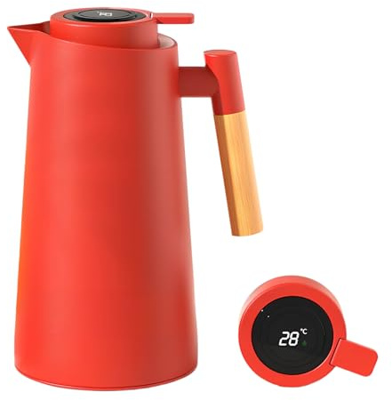 Colexy Jarra Térmica de Café 1L, Tetera Cafe al Vacío Doble Pared con Revestimiento Vidrio Termo Café Aislado con Mango de Madera, Mantiene el Frío Caliente para Cafe Té Agua (Rojo)