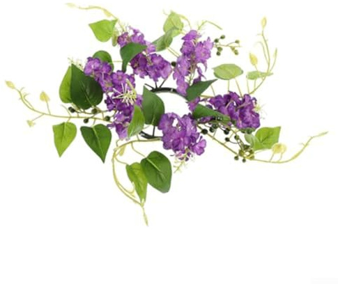 Feeshoppher Artificial Hyacinth Floral Candle Ring Wreath with Green Foliage for 3 Inch Pillar or Taper Candles 25cm Decorative Centerpiece for Table Wall or Door Display Purpl