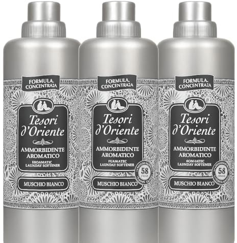 Tesori d'Oriente sköljmedel Muschio Bianco 3 × 1160 ml | Aromatisk flytande mjukgörare | Vit mysk doft | koncentrerad formel | 58 tvättar per flaska
