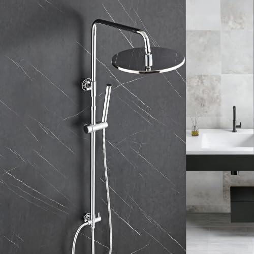 Görbach Colonna Doccia in Acciaio Inox senza Miscelatore, Set Doccia a Pioggia con Doccetta e asta doccia regolabile in altezza 74-114 cm, soffione 20 cm cromato
