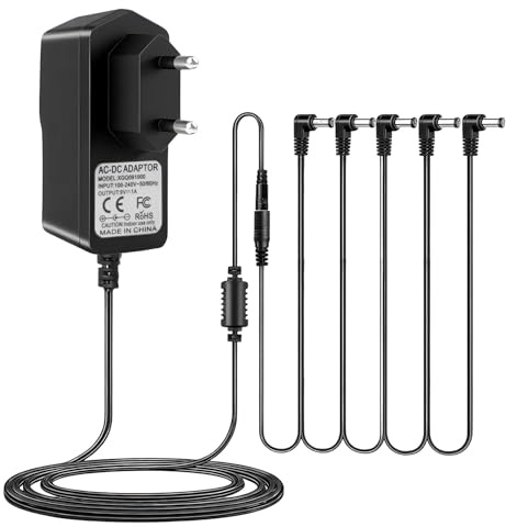 9V 1A Netzteil für Gitarren Pedale, DC Wandladegerät mit 5 Wege Daisy Chain Kabel, 100-240V AC zu DC Power Adapter mit 5.5*2.1mm für Boss Behringer DigiTech Zoom Casio Keyboards, Center Negative, 1M | Stromadapter für Pedale, Stromversorgung für Pedalboard Gitarre mit 5-Wege-Ketten, für Effektpedale von Looper