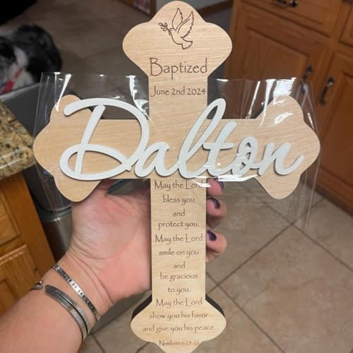 Cruz de bautizo de madera personalizada hecha a medida bautizada para primera comunión, bautizo, regalo para bebés, niños, niñas, decoración de pared con nombre de madera, recuerdo religioso de