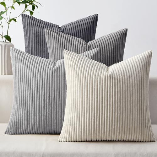Woaboy 4er Set Kissenbezug 40x40 Kordsamt Kissenbezüge Weiche Gestreiftes Sofakissen Dekokissen Zierkissenbezug für Wohnzimmer Bett Couch Dunkelgraue Töne