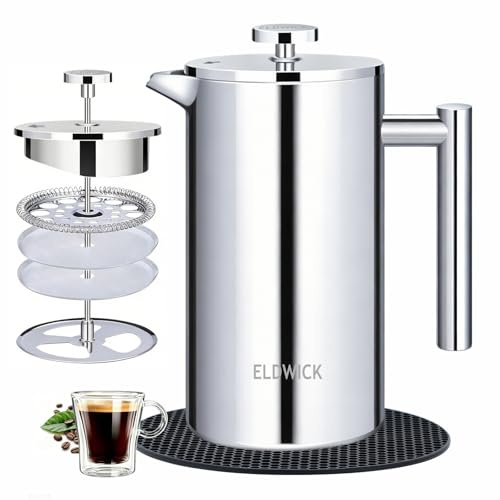 ELDWICK Cafetiere 4 Cup, 800ml French Press Coffee Maker with Color Silver | Double Wall Designed,304 Stainless Steel,Heat Resistant Mat,Coffee Press for Home,Office and Travel
