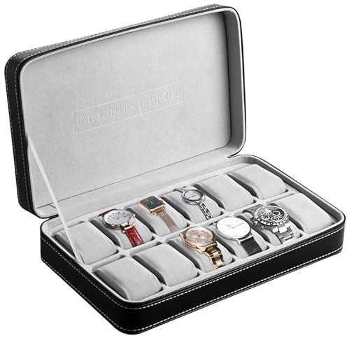 OSVINO Uhrenbox 6/10/12 Uhren Herren Schwarz Uhrenkasten Uhrenkissen aus Samt, Reise Schmuckkästchen Uhren Aufbewahrungsbox Mit Reißverschluss aus PU Leder (Schwarz, 12)