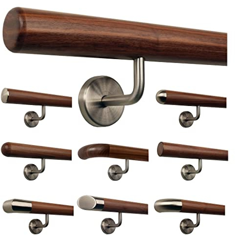 Corrimano pronto per il montaggio in legno di noce americano laccato, Ø 42 mm, con supporto angolare in acciaio INOX ed estremità lavorate, personalizzabile