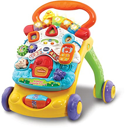 VTech - Andador andandín 2 en 1, correpasillos con música y luces, patas plegables, panel extraíble, regulador de velocidad, multicolor, versión ESP, embalaje abre fácil