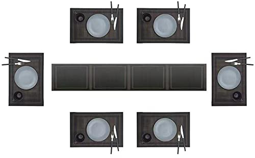 Eageroo PVC Platzsets(6er + Tischläufer),Platzdeckchen Tischsets Tischmatte Abwaschbar Abgrifffeste Hitzebeständig Schmutzabweisend und Waschbare für Küche Speisetisch,Schwarz