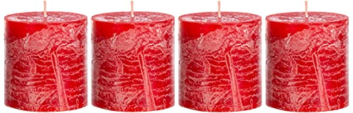 Brandsseller juego 4 velas de pilar rústicas 7x7,5 cm – parafina teñida en masa de larga duración – ideales para decoración de mesa, hogar, Navidad, bodas, fiestas y eventos – Rojo