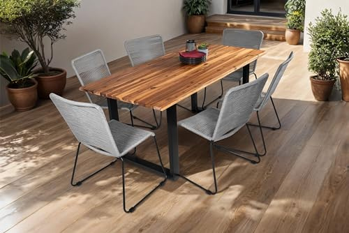 SAM 7tlg. Outdoor-Tischgruppe Avila 180x90 cm, 6 Seilstuhl ISRA grau | Akazienholz massiv & geölt, Esstisch mit U-Gestell schwarz lackiert, echte Baumkante, viergeteilte 26 mm Platte