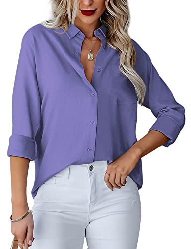Homlan - Camicia da Donna con Scollo a V, a Maniche Lunghe, Elegante e Casual, con Bottoni, in Tinta Unita e con Tasca sul Petto, Viola., S