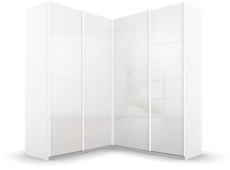 Rauch Möbel QUADRA, Eckschrank, Farbe Hochglanz Weiß/Weiß, Breite 181 cm | Eckschrank mit Schwebetüren, 4-türig, für Schlafzimmer, Gästezimmer, Ankleidezimmer, Garderobe