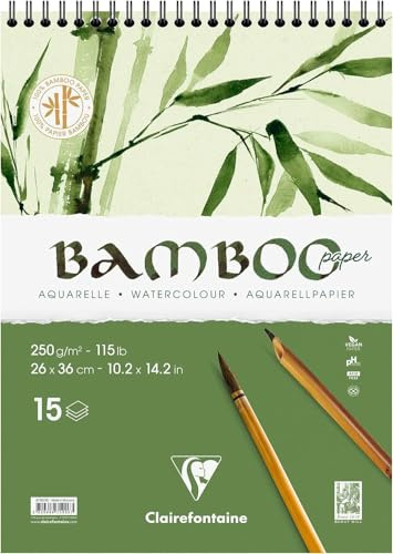 Clairefontaine 975926C - Spiralblock Bamboo Aquarelle, 15 Blatt Bambuspapier 250g, 26x36cm, 1 Block