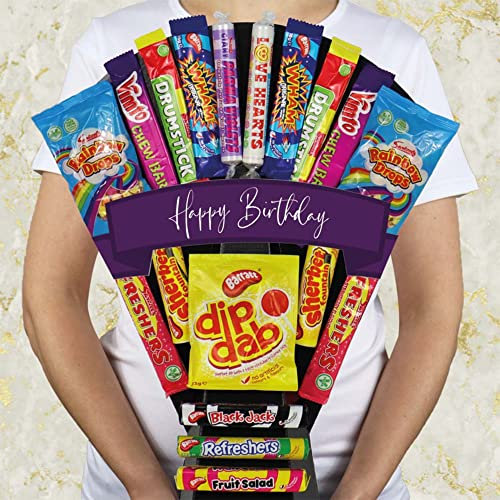 The Retro Sweets Bouquet With Dip Dab, Black Jack, Fruit Salad & More - Happy Birthday