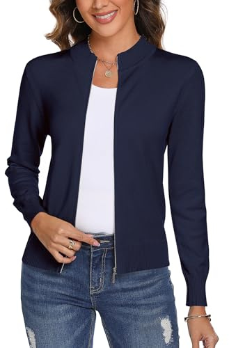 Aottori Cardigan Damen Elegant Sommer Kurz Strickjacke mit Reißverschluss Strickjacken Langarm Stehkragen Trachtenjacke Pullover Einfarbig Strickmantel Jacke Outerwear Marine XXL