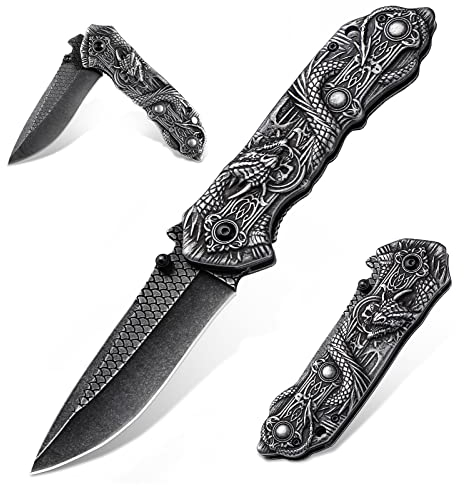 Dragon Creek Klappmesser Taschenmesser, Einhandmesser mit Daumenpins, Extra Scharf Taschenmesser mit Gravur, EDC Messer aus Edelstahl für Abenteure & Camping - Geschenke für Männer