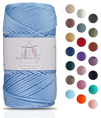 Makromecity makramégarn 2 mm x 115 m premium polyester makramérep polypropylen garn för hantverk heminredning platsplatta axelväska handväska löpare nappkedja 20 färger (babyblå)