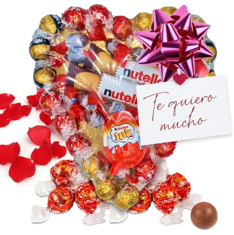 Corazon de Bombones con Bombones Lindt, Kinder Joy, Barritas Chocolate y Kinder Shochobons. Regalo Deluxe Ideal para Aniversarios. [IAMI]