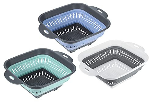 QUARKZMAN Pliable Passoire 3pcs, Pliable Alimentation Passoires avec Extensible Poignée Cuisine Pliante Passoire pour Pâtes, Légumes, et Fruits-Gris+Vert+Bleu