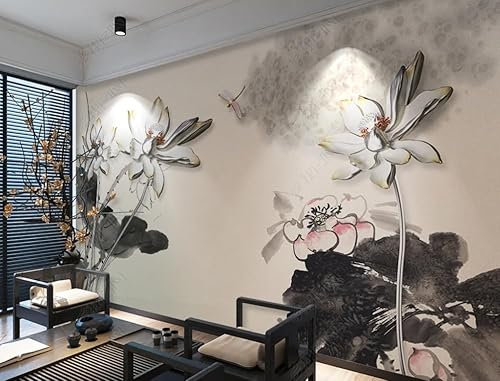 Papier Peint Panoramique 3D Encre 3D Lotus Papier Peint Intissé Trompe L Oeil Déco Mural Tableaux Muraux Photo 350Cm(W)*256Cm(H)