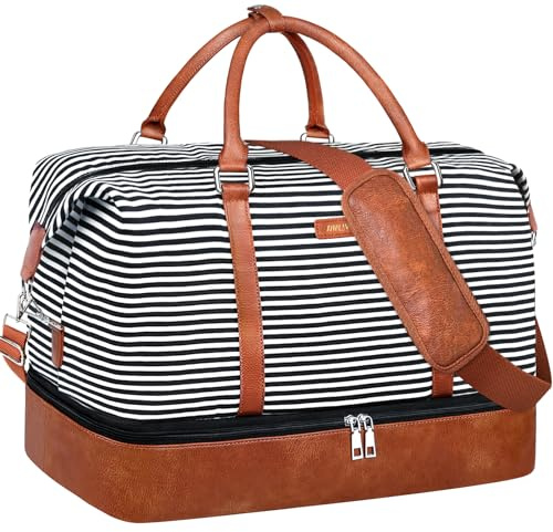 IBFUN Helgväskor för kvinnor, 53 cm resväska för weekendresan, duffelväska handbagage över natten duffelväska 3 st, C1-Canvas-Svart remsa, Large, Expanderbar weekendväska med bagage på baksidan och