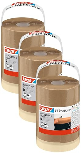 tesa Easy Cover UNIVERSAL Papier - 2in1 Malerabdeckpapier mit selbstklebendem Abdeckband für Malerarbeiten und Renovierungen - 25 m x 18 cm (Packung mit 3)