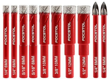 FOCSTOL Set Punte Trapano Diamantate - Sega a Tazza Diamantata+Trapano Carburo con Gambo Rotondo per Porcellanato Ceramica Marmo Granito 10 pezzi (6mm*2+8mm*2+10mm*2+12mm*2+6mm*2)