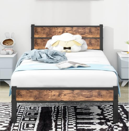 DUMEE Single Bed Frame with Wooden Headboard and Footboard, Metal Wooden Bed Frame Single 3FT Under Bed Storage, No Box Spring Needed, Enhanced Support Noise Free (Black+Brown Oak)