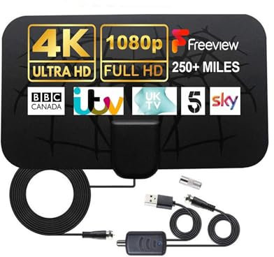 Antenna TV, Antenna TV Interna HDTV Digitale 250+ Miglia Amplificata con Amplificatore di Segnale Support 4K HD/VHF/UHF per Home Smart Televisione/Radio