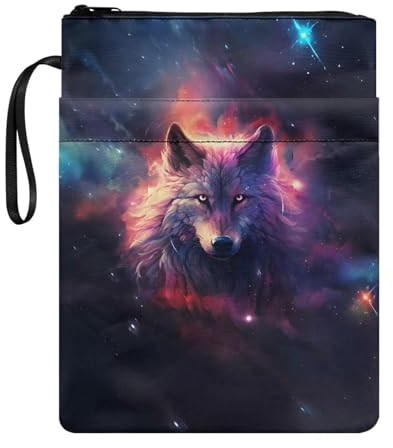 Belidome Galaxy Wolf Buchhülle, Reißverschluss, waschbar, Buchhülle für Hardcover, Taschenbuch, Lehrbuch, Bibel
