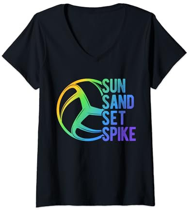 Damen SUN SAND SET SPIKE Beach Volleyball Hobby Sportler Spieler T-Shirt mit V-Ausschnitt