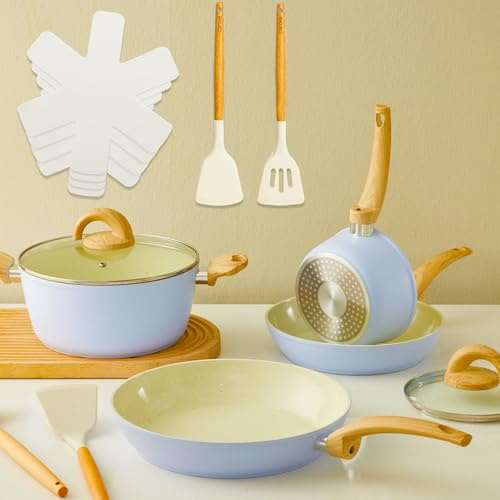 Vkoocy Juego de ollas y sartenes antiadherentes azules, juego de utensilios de cocina de cerámica saludable, 12 ollas de cocina y sartenes para saltear, sin PFAS con utensilios de cocina y tapa