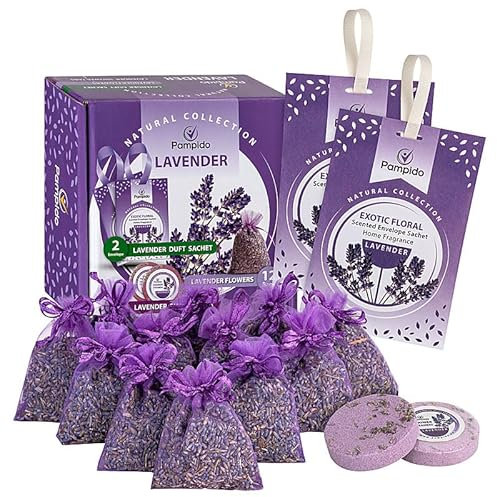 Pampido Lavendel Mixbox Mottenschutz Lavendelblüten als Raumduft mit 12 Lavendelsäckchen 2 Shower Streamer oder Duschbombe 2 Duftsachet für Kleidermotten mottenfalle Mottenschutz, Lebensmittelmotten