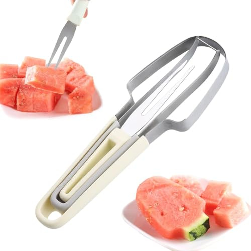Cortador de melón, 2024, 3 en 1, acero inoxidable, cortador de sandía, cortador de frutas, sandía, melón, cuchillo de melón, para casa, fiesta, camping (Beige)