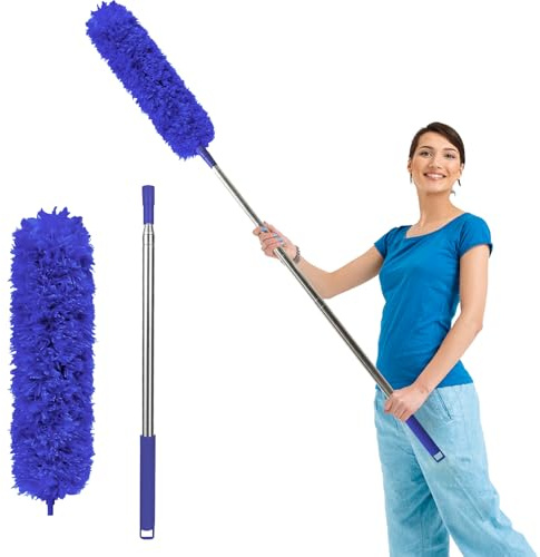 Fogray 2025 Upgraded Extendable Feather Duster with Soft Silicone Cap, Telescopic Long Handled Microfiber Dusters for Cleaning, Cobweb High Ceiling Fan Roof Blinds Cars, Washable & Bendable(darkblue)