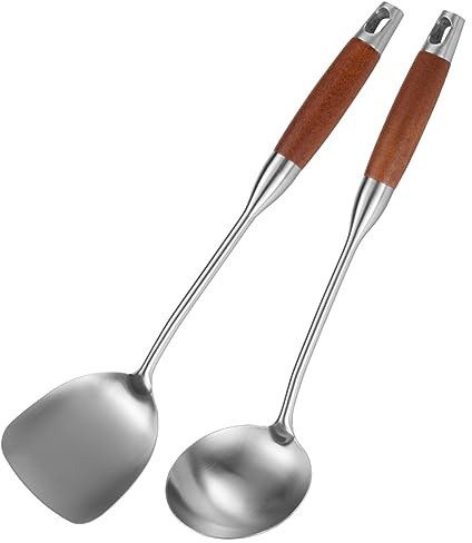 Barfeery Stainless Steel Spatula for Carbon Steel, Stainless Steel Wok Spatula Metal, Wok Tools Set, Wooden Handle Soup Ladle Reusable