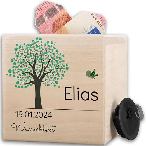 Geschenke zur Geburt Junge | Konfirmationsgeschenk | Spardose Holz Taufe | Kommunion Erinnerungsgeschenk - 10x10cm - Holz - für Jungen taufgeschenk taufgeschenke spardosen Erstkommunion